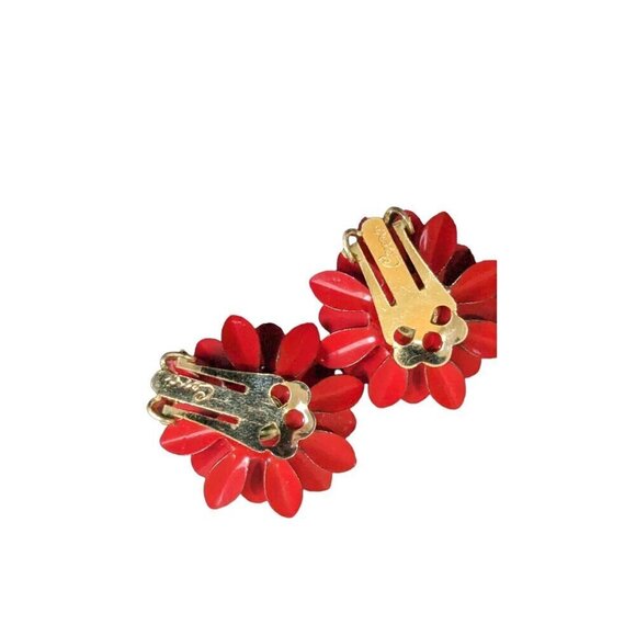 Vintage Coro Red Poppy Flower Rhinestone Clip On Statement Earrings 1960s - Picture 3 of 8